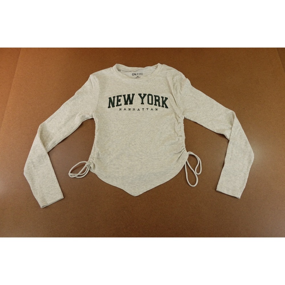 Onfire Juniors Medium Oatmeal Rib Knit Long Sieeve New York Drawstring Tee NWT